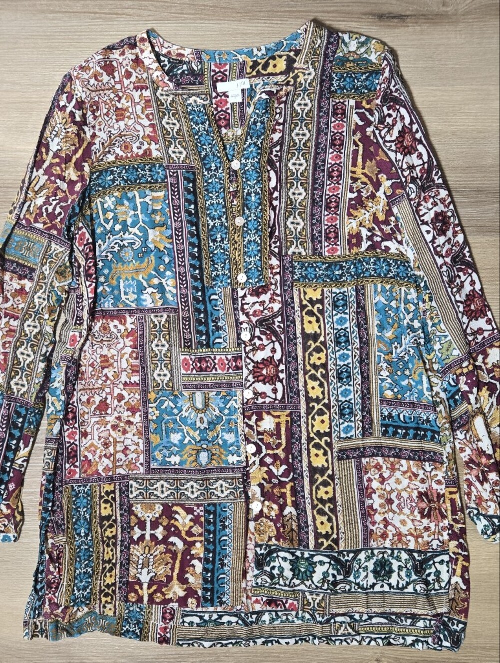 J. Jill Women's Patchwork Print Tunic in Teal, Burgundy, Gold